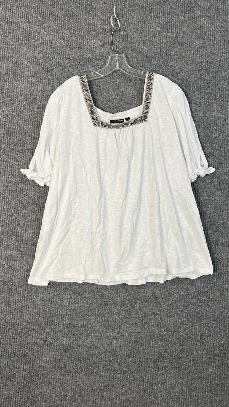 Susan Graver Top Womens Plus 4X White Square Neck Tie Sleeve Bohemian Peasant - Picture 1 of 10